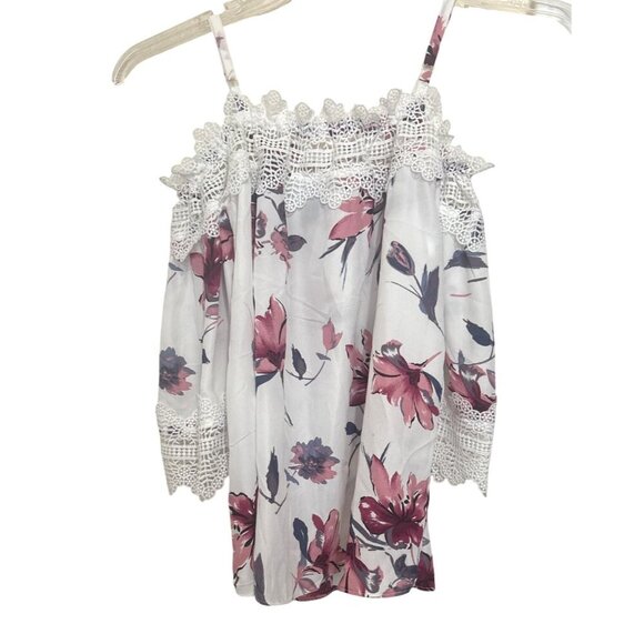 NWT By & By Floral Print Cami Blouse SZ Small Lace Trim White Pink Navy - Picture 6 of 11